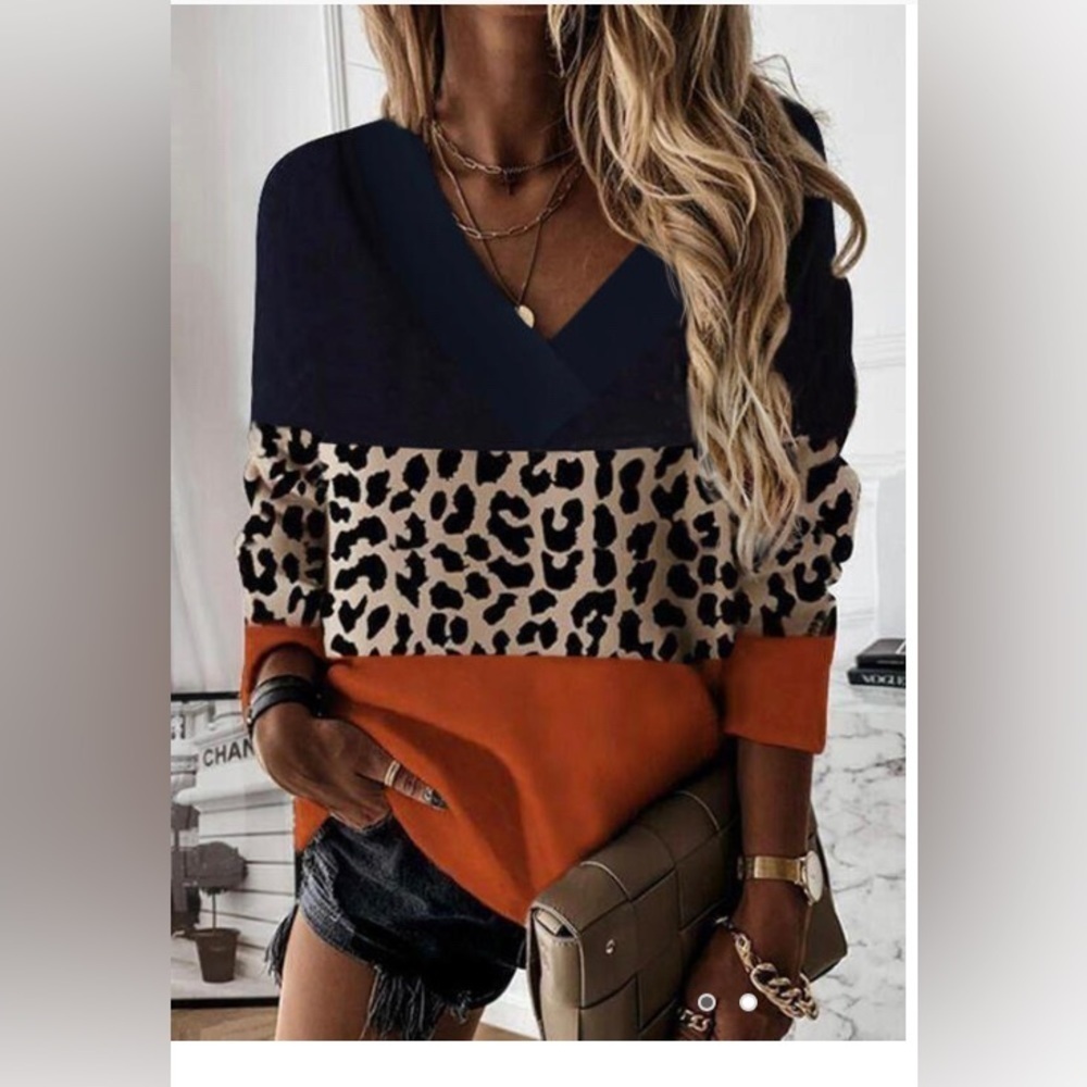 Bellelily - NEW - Leopard Color Block Long Sleeve Blouse
